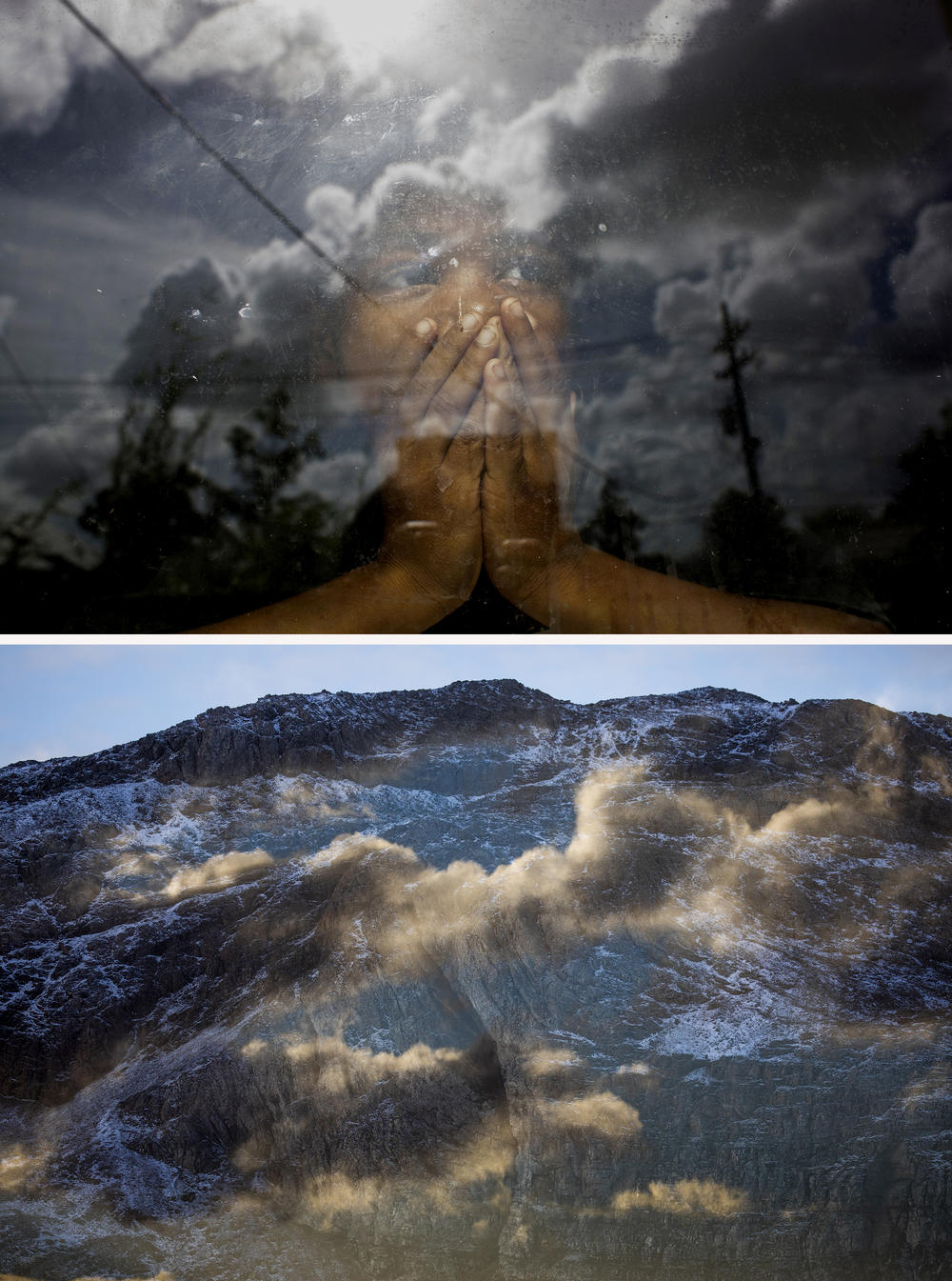 (Top image) A portrait of Everidge Green Jr., 6 years old, in the window of his grandfather's rebuilt home in New Orleans in August 2014. His older cousin and great grandmother died in the floodwaters of Hurricane Katrina in August 2005. (Bottom image) The mountains of South Georgia and clouds are reflected in the windows of the National Geographic Endurance in February 2022.
