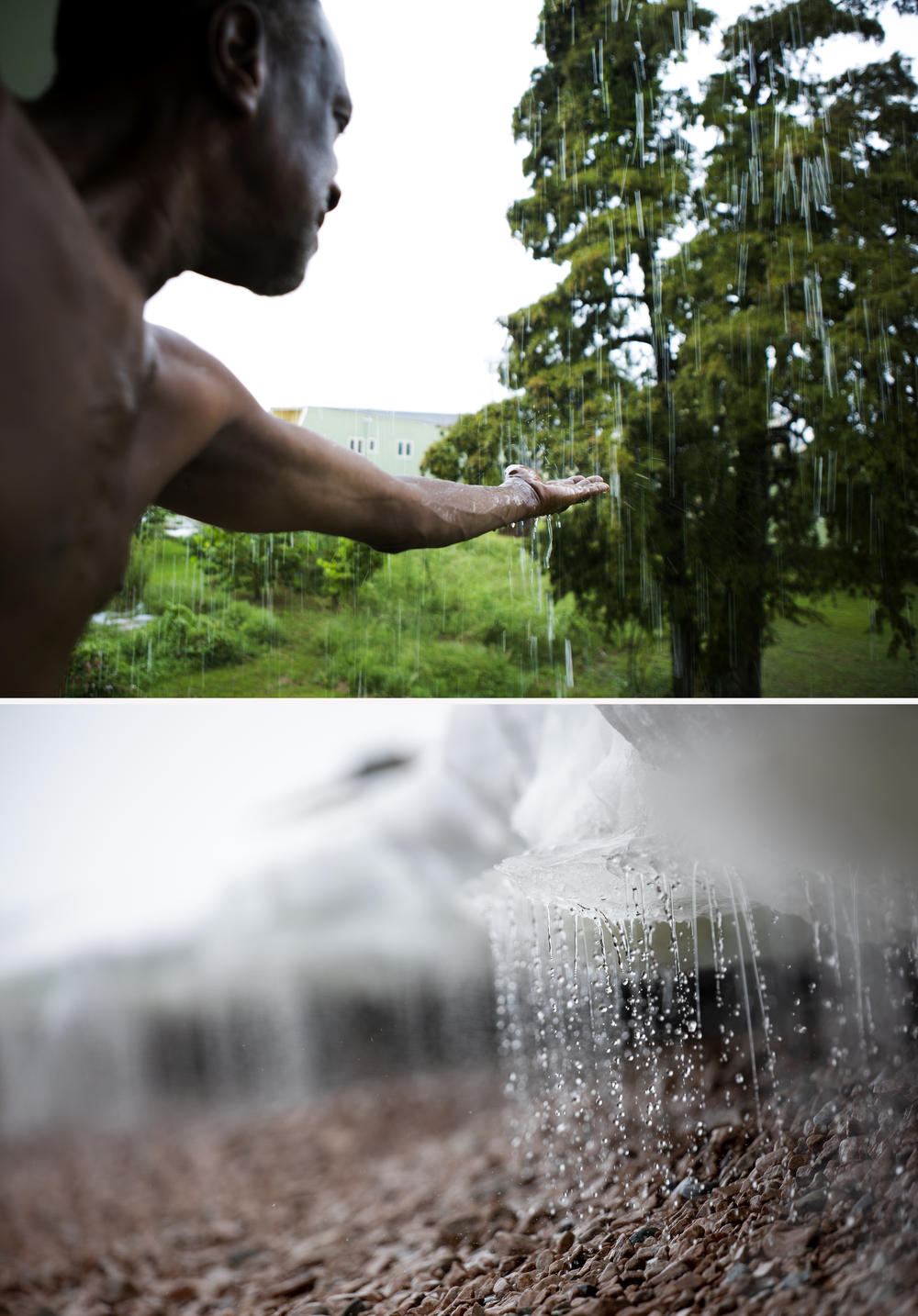 (Top image) Robert Green Sr., the grandfather of Everidge Green Jr. in the previous photo, reaches out to touch the rain falling around his rebuilt home in New Orleans' Lower Ninth Ward in August 2014. (Bottom image) Meltwater runs off a shelf of ice and snow on Horseshoe Island in the Antarctic Peninsula's Marguerite Bay in March 2022.