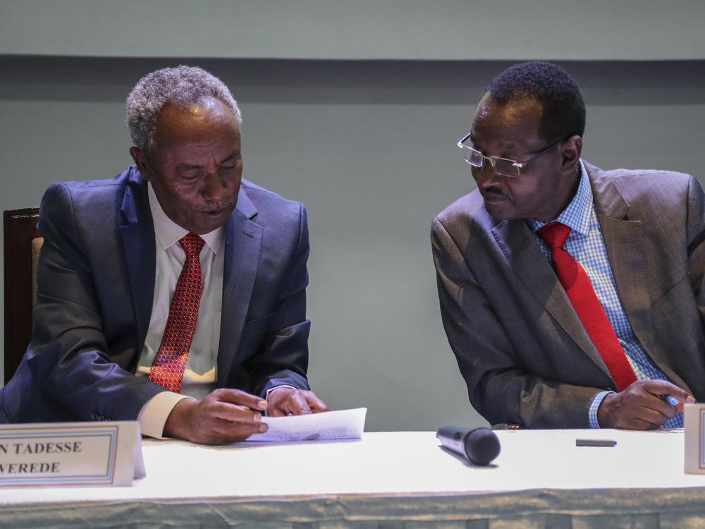 Head of the Tigray Forces Lieutenant General Tadesse Werede, left, and Chief of Staff of Ethiopian Armed Forces Field Marshall Birhanu Jula, right, read a copy of an agreement at Ethiopian peace talks in Nairobi, Kenya, on Saturday.