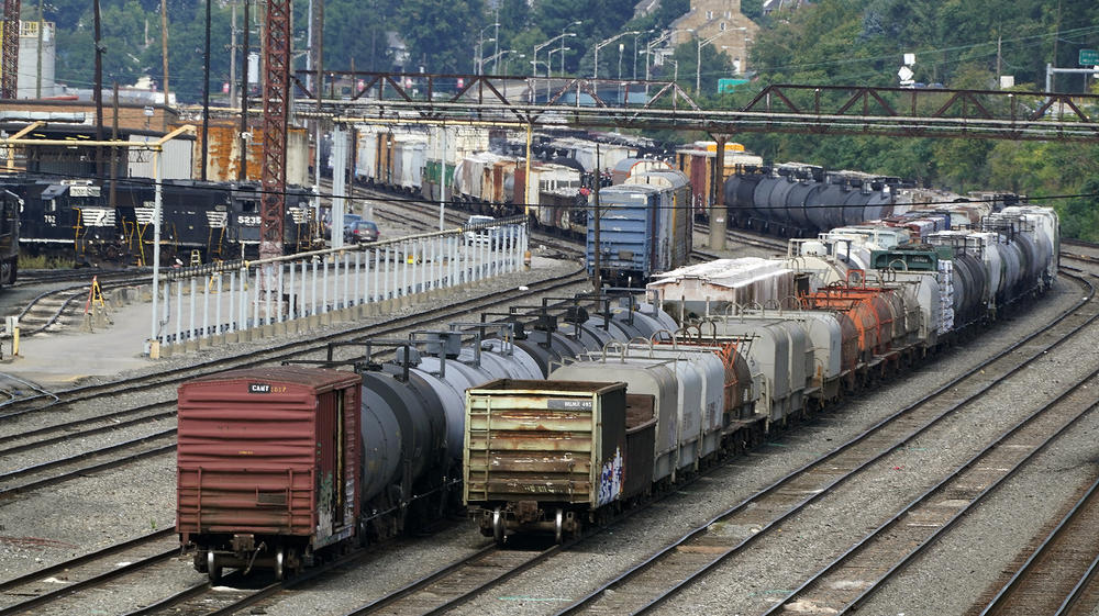 Freight cars wait to be hauled out of the Norfolk Southern Conway Terminal in Conway, Pa., on Sept. 15.