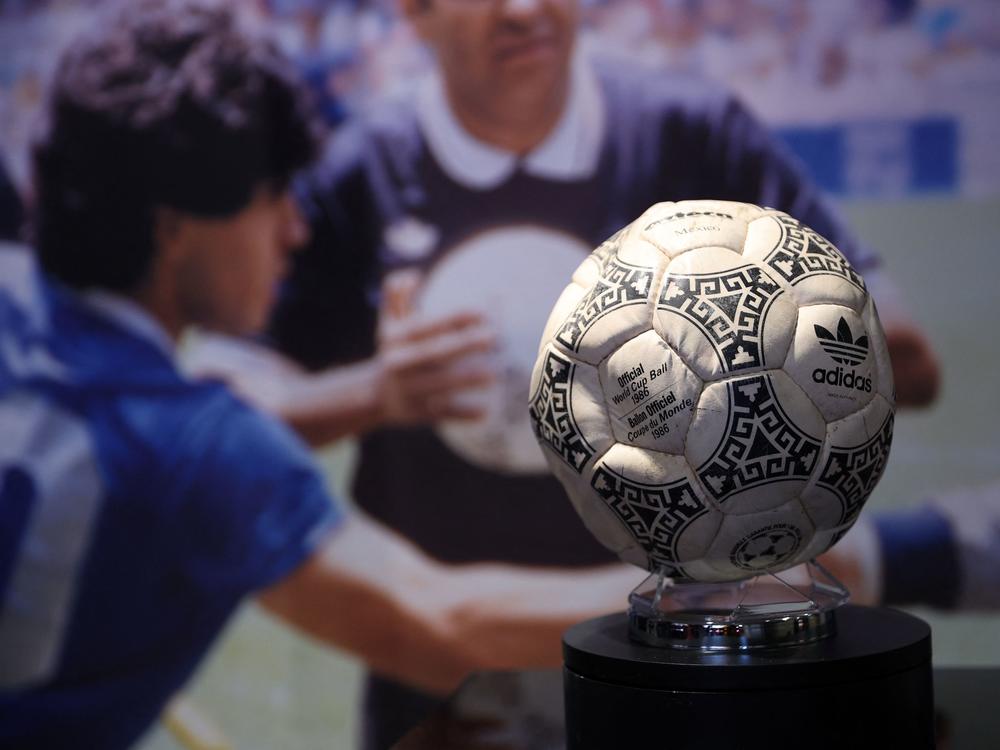 The match ball used in the 1986 FIFA World Cup football match between Argentina and England is pictured ahead of its auction, at Wembley Stadium in London on Nov. 1.