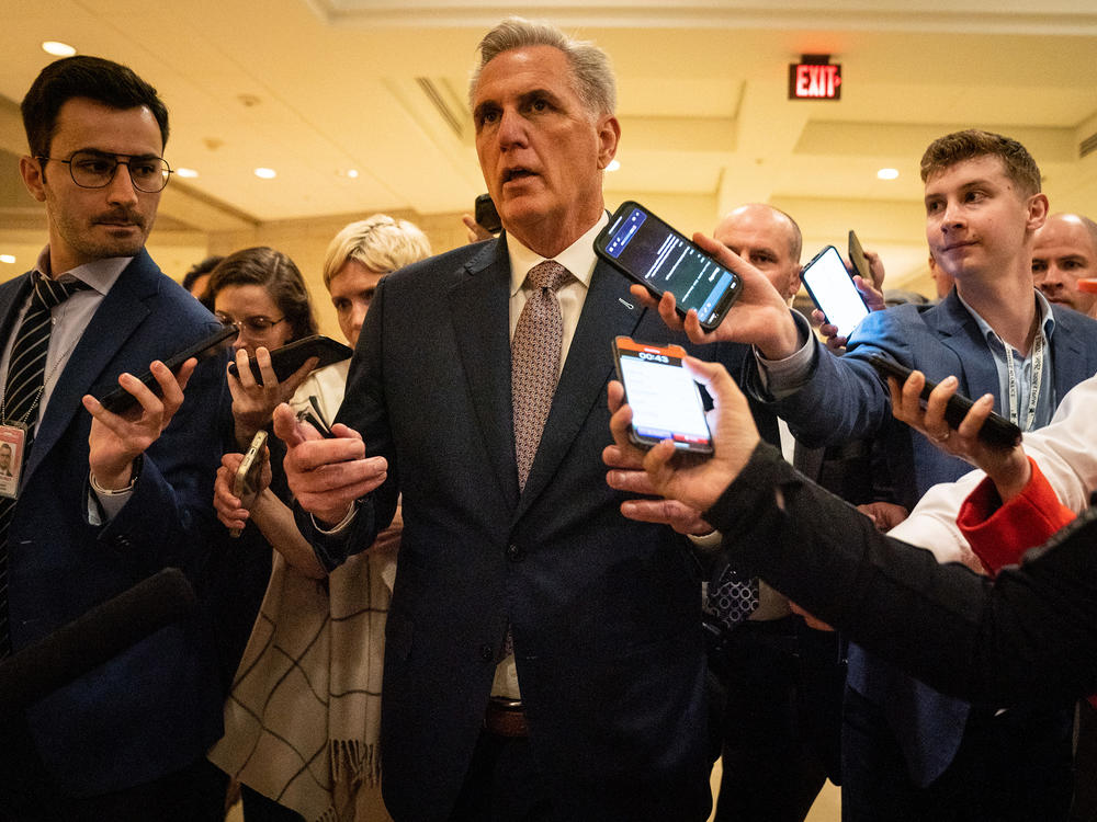 House Minority Leader Kevin McCarthy, R-Calif., speaks with reporters as he leaves a House Republican Caucus meeting on Capitol Hill on Monday.