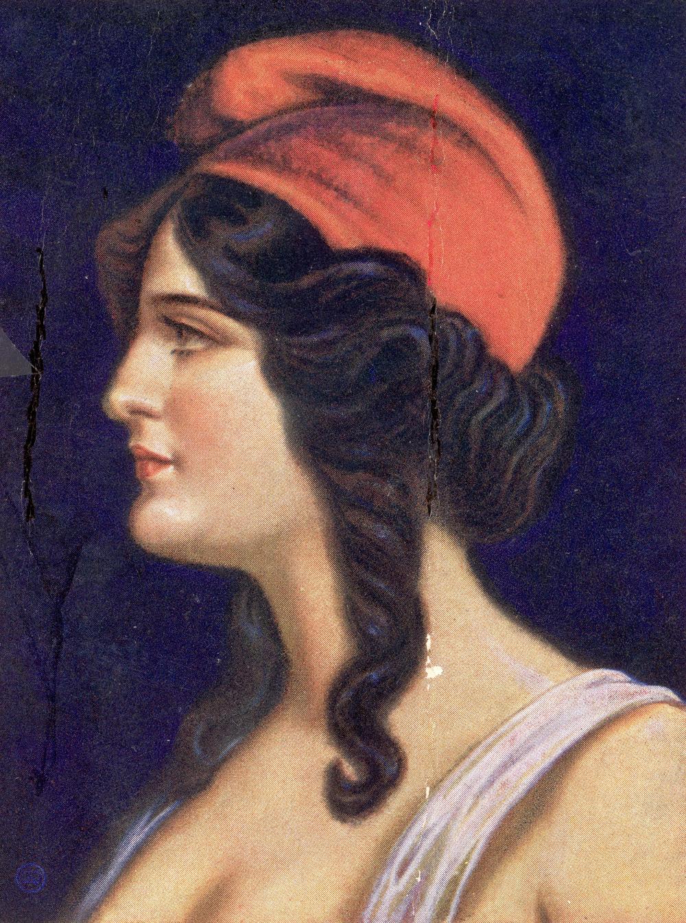 The figure of the French Republic depicted as a dark-haired woman in a red cap, circa 1795. The Phrygian-style cap, or <em>bonnet rouge,</em> was worn by the partisans during the French Revolution and was adopted as a Republican symbol.