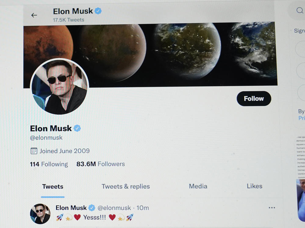 The Twitter page of Elon Musk is seen on the screen of a computer on April 25, 2022.