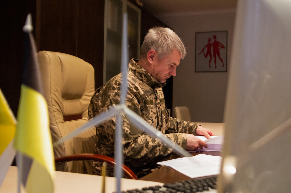 Valerii Borovyk, the founder of the Female Pilots of Ukraine drone school, works in his office in Kyiv on Oct. 27. He believes that western feminist organizations should rally to support more women's involvement in the Ukrainian armed forces.