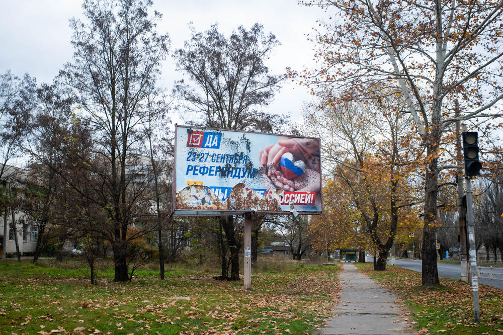 A billboard in Kherson city urges residents to vote yes in the widely denounced September referendum that was held under Russian occupation to decide whether the region should join the Russian Federation. The purported results of the referendums led to Russia's formal annexation of the Kherson, Zaporizhzhia, Luhansk and Donetsk regions.