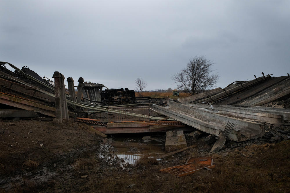 A destroyed bridge near recently liberated Klapaya, about 12 miles outside Kherson city, on Wednesday.