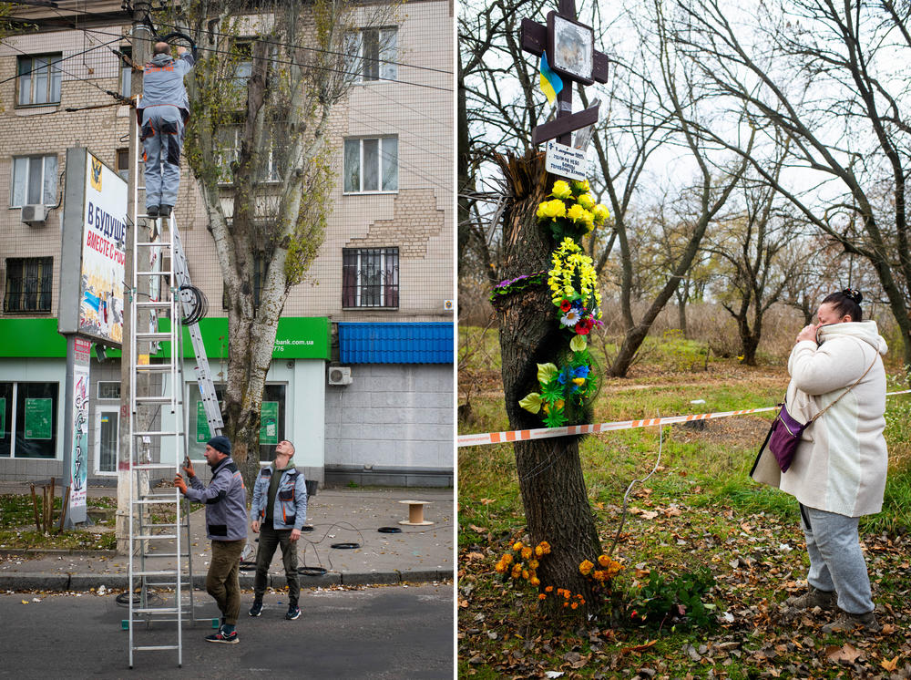 Left: Men in uniforms from an internet provider work on elevated wires. Kherson's infrastructure for basic services has been destroyed, leaving the city largely without electricity, water, heat and internet. Right: A woman becomes emotional after laying flowers at a makeshift memorial in Buzkovy Park, on the spot where Ukrainian territorial defense volunteers were killed by Russian forces March 1.