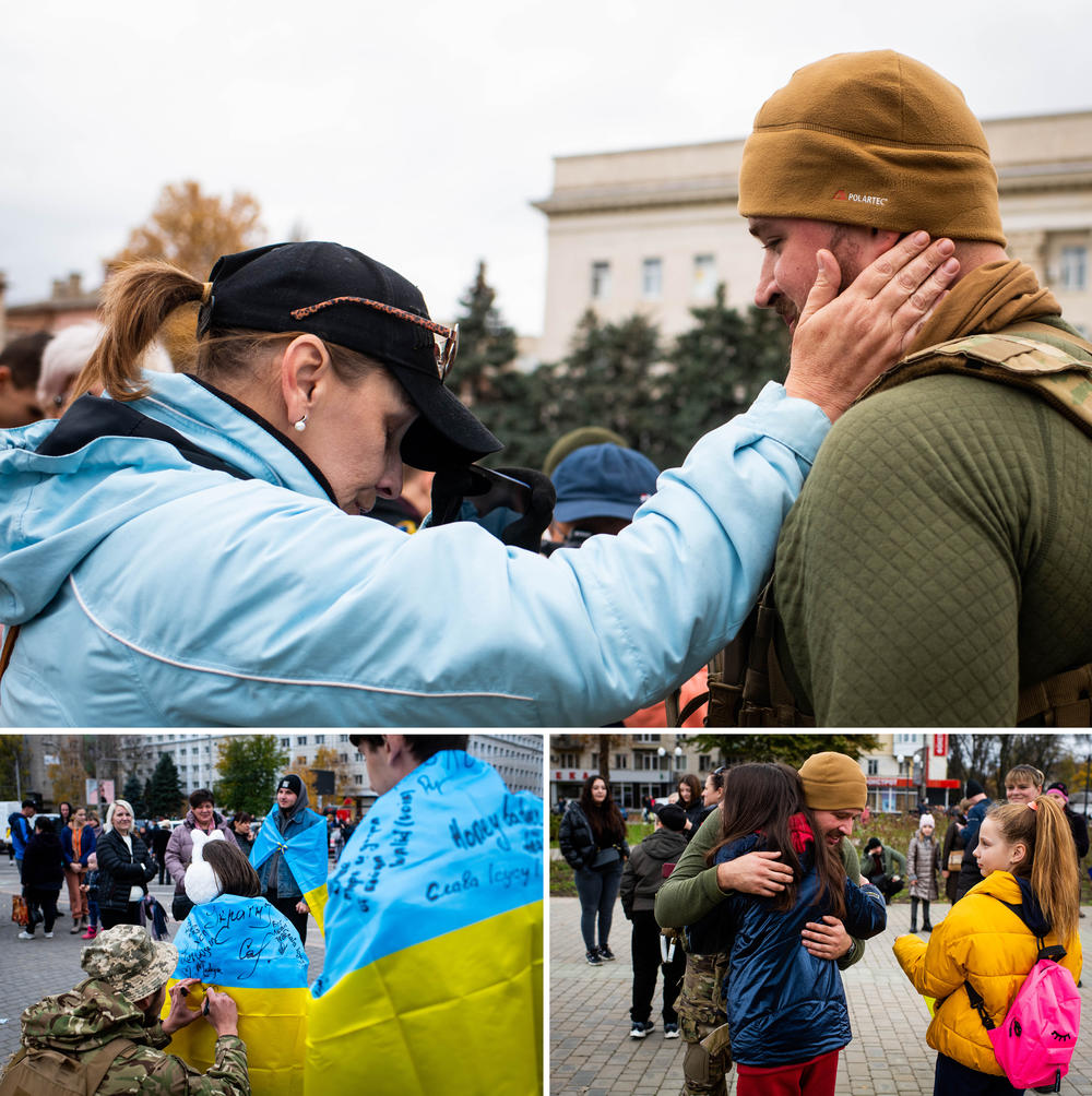Top: A woman touches Maksym, a soldier from the 140th separate reconnaissance brigade, in gratitude. Bottom left: A soldier signs Ukrainian flags in Kherson's central square. Bottom right: Maksym hugs children in Kherson's central square.