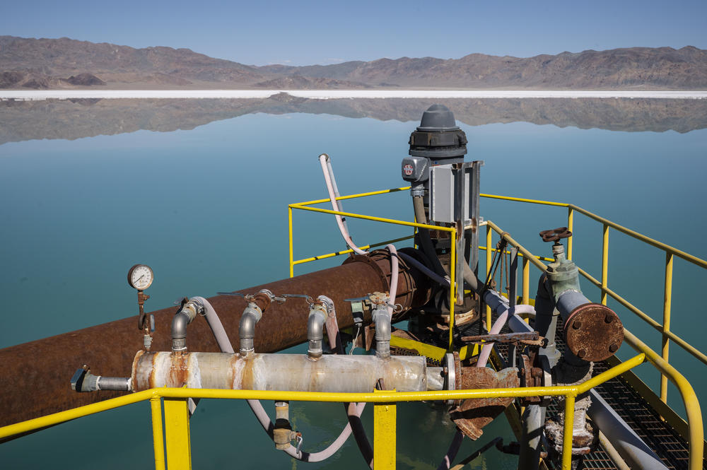 A pump at a pool at Silver Peak lithium mine in Silver Peak, Nev. on Oct. 6, 2022.