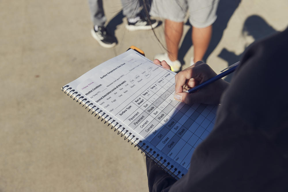 Students log heat measurements, then calculate the average temperature of asphalt, concrete, dirt, and grass, in both sunlight and shade.