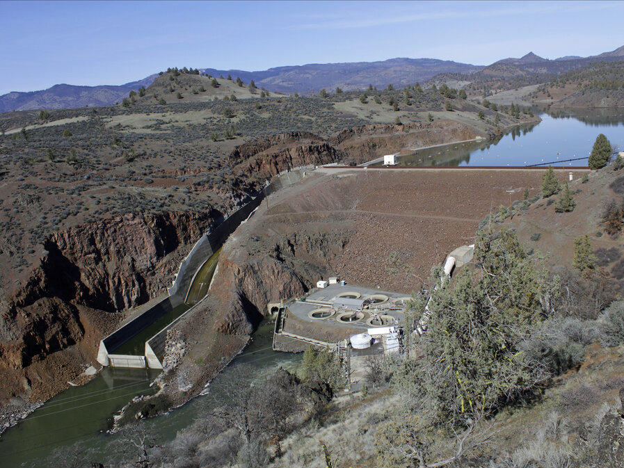 The Iron Gate Dam, powerhouse and spillway is seen in 2020 on the lower Klamath River near Hornbrook, Calif.