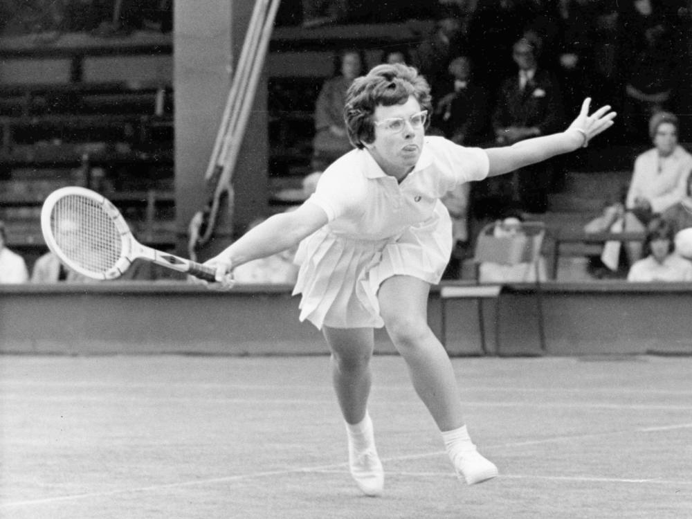 Billie Jean King wears tennis whites in her first-round match against Else Spruyt at Wimbledon in June 1965.
