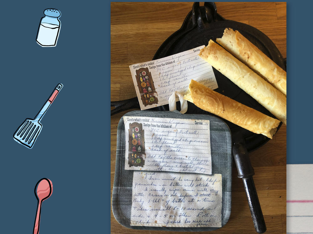 Left: Lisa Hovis and her grandma peel potatoes in preparation for Thanksgiving. Right: Lisa's krumkake sits next to a hot pad with her grandma's krum kage (krumkake) recipe on it.