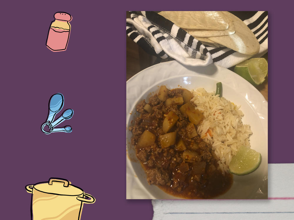 Left: Miriam Armendariz Piccolo with her mother, Genoveva. Right: the finished picadillo.