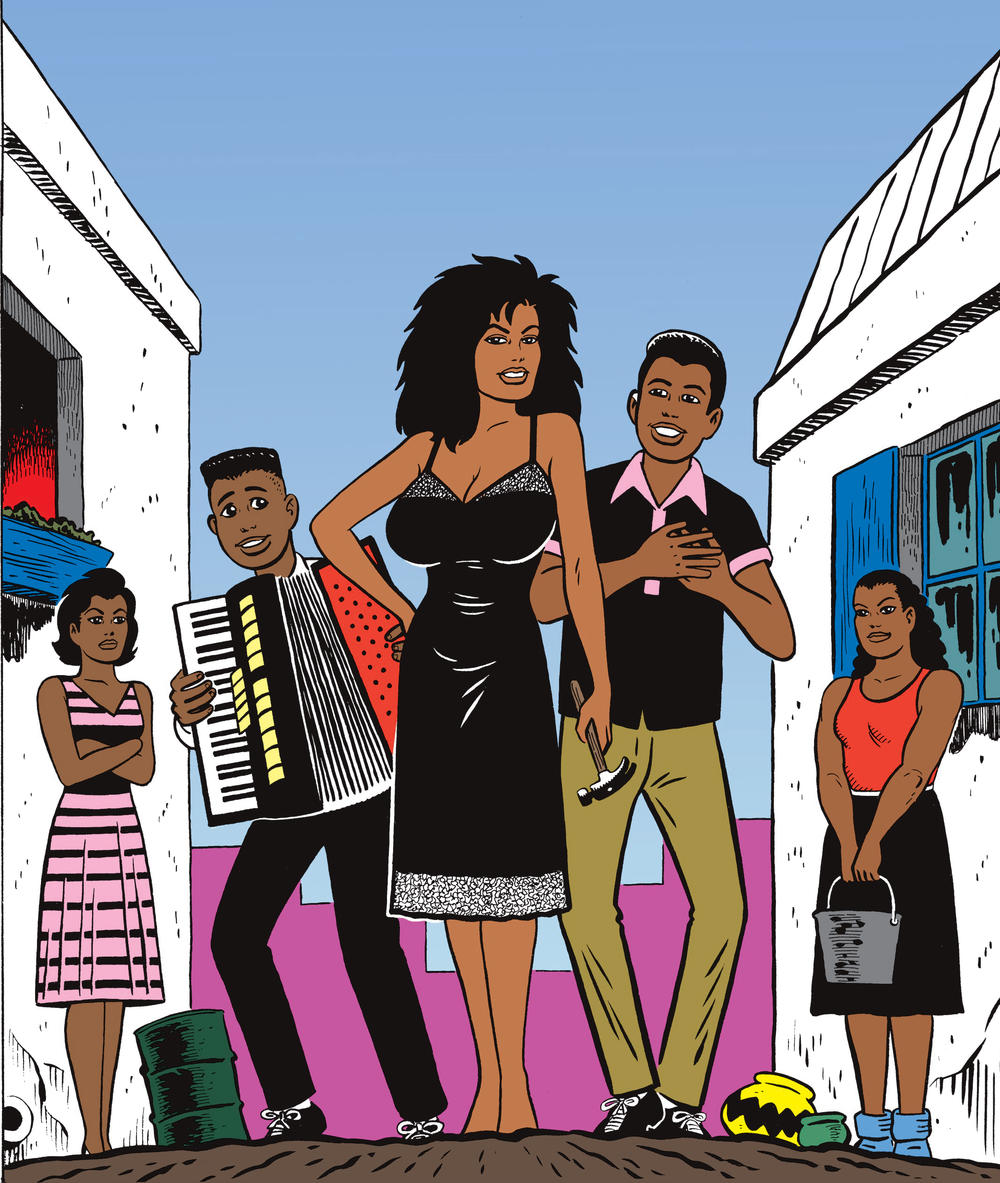 <em>Love and Rockets </em>cover of the 1996 third edition of Fantagraphics collected trade paperback #2, Chelo's Burden Left-to-Right: Pipo, Heraclio, Luba, Manuel, Chelo.