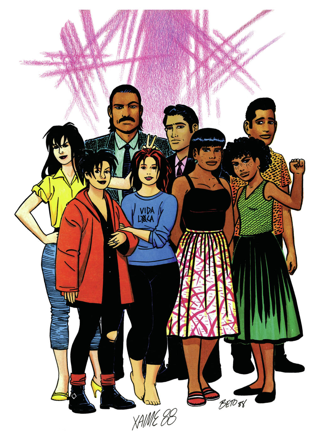 <em>Love and Rockets</em> characters drawn for anti-Clause-28 anthology <em>AARGH!</em> (Artists Against Rampant Government Homophobia), published by Alan Moore's <em>Mad Love</em>, 1988.
