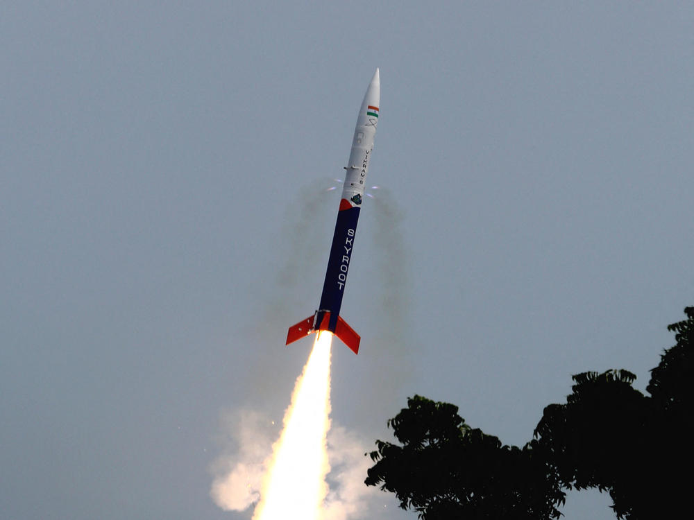 Vikram-S rocket, India's first private rocket developed by Skyroot Aerospace, an Indian startup, lifts off in Sriharikota, India, on Friday.