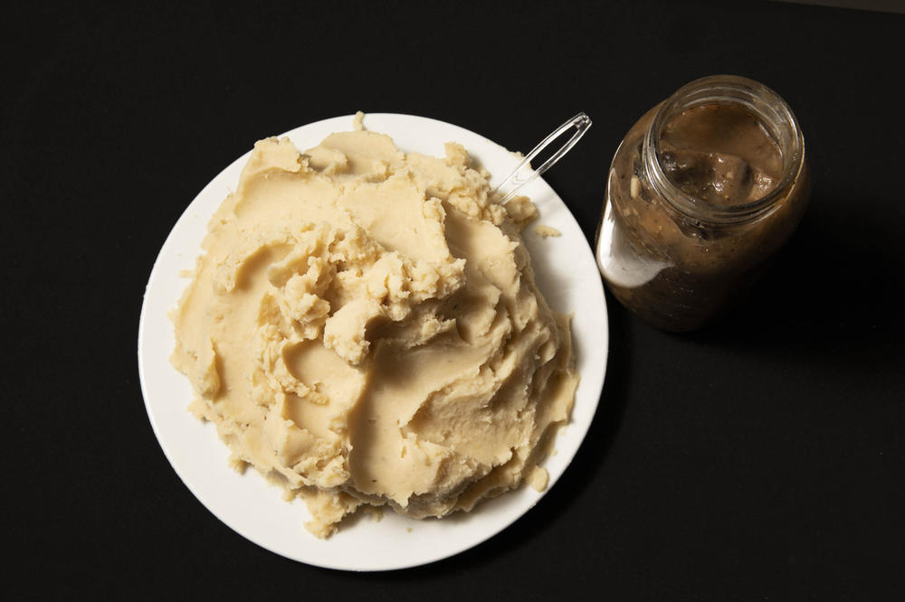 Mashed lima beans and mushroom gravy, alternatives for mashed potatoes and turkey dripping-based gravy.