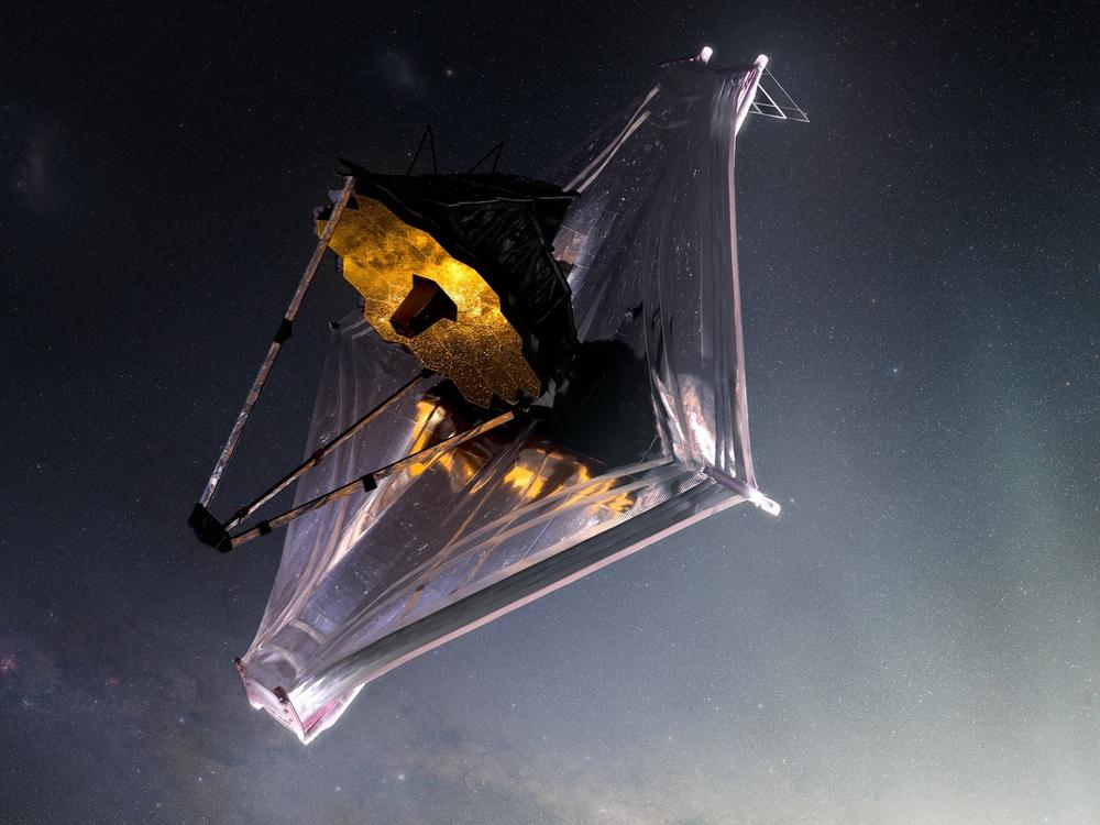 This illustration shows the James Webb Space Telescope as it might appear as it orbits the sun, about a million miles away from Earth.