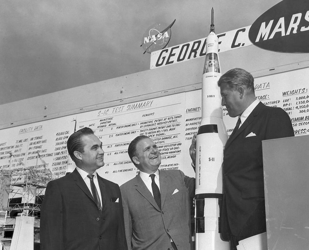 This 1965 photo shows NASA head James Webb (center) with Alabama Governor George Wallace (left), and rocket expert Wernher von Braun.