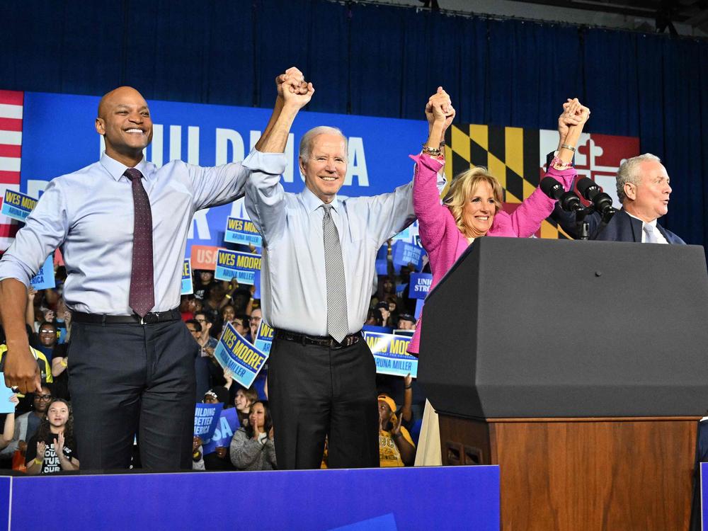 President Biden, campaigning with gubernatorial candidate Wes Moore in Bowie, Maryland, on the eve of the U.S. midterm election.