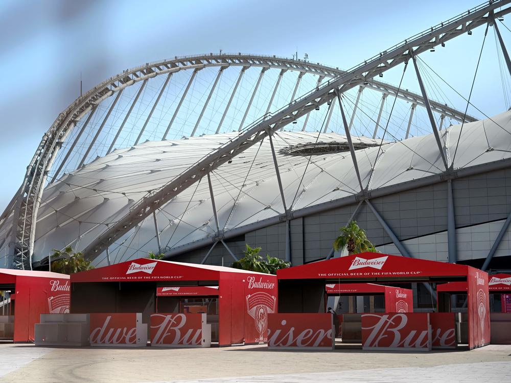 Budweiser beer kiosks are pictured at the Khalifa International Stadium in Doha ahead of the Qatar 2022 World Cup soccer tournament, which starts Sunday. Beer sales will now be banned at the tournament.