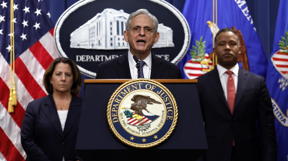Attorney General Merrick Garland delivers remarks alongside Deputy Attorney General Lisa O. Monaco and Assistant Attorney General Kenneth Polite at the U.S. Justice Department on Nov. 18.