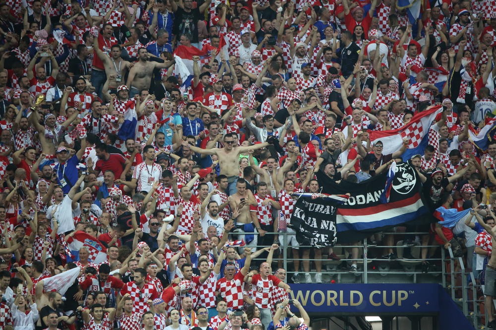 Croatia fans chant during the FIFA World Cup final match in Moscow, Russia in 2018.