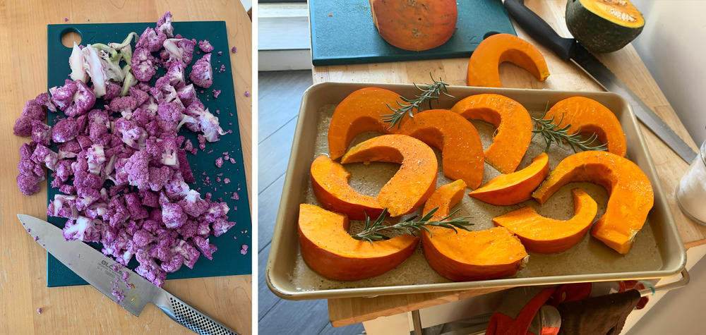 Vegetables ready for roasting: chopped cauliflower and wedges of kabocha squash. At Thanksgiving, Perelman says, 