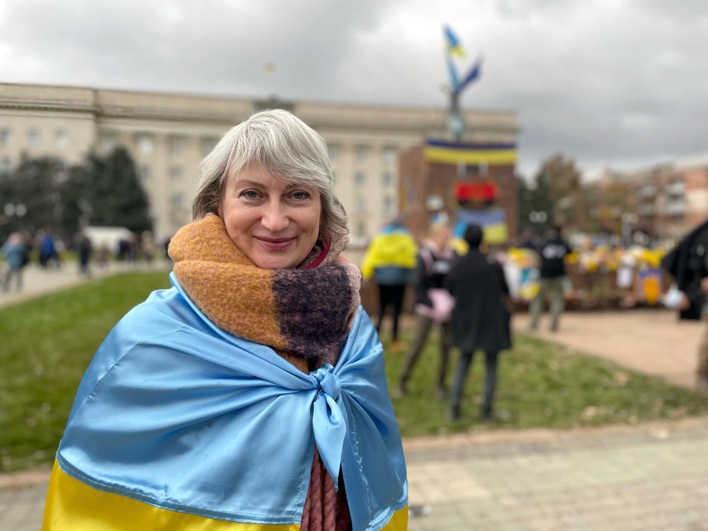 Maryna Zinevych, 54, in the central square of Kherson on Wednesday. 