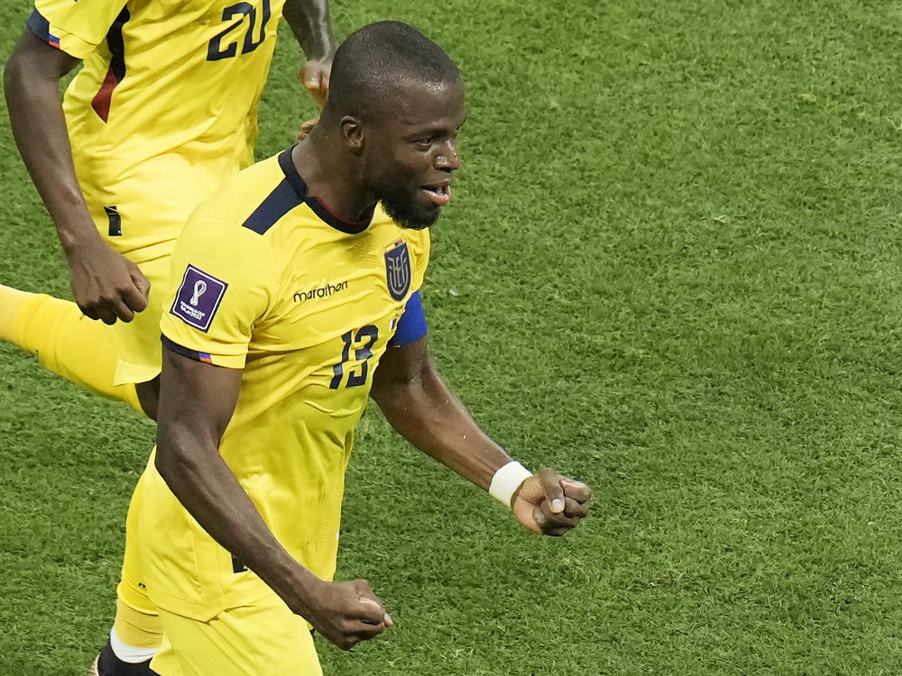 Ecuador's Enner Valencia celebrates after scoring his side's second goal during the match between Qatar and Ecuador in Al Khor, Qatar, on Sunday.