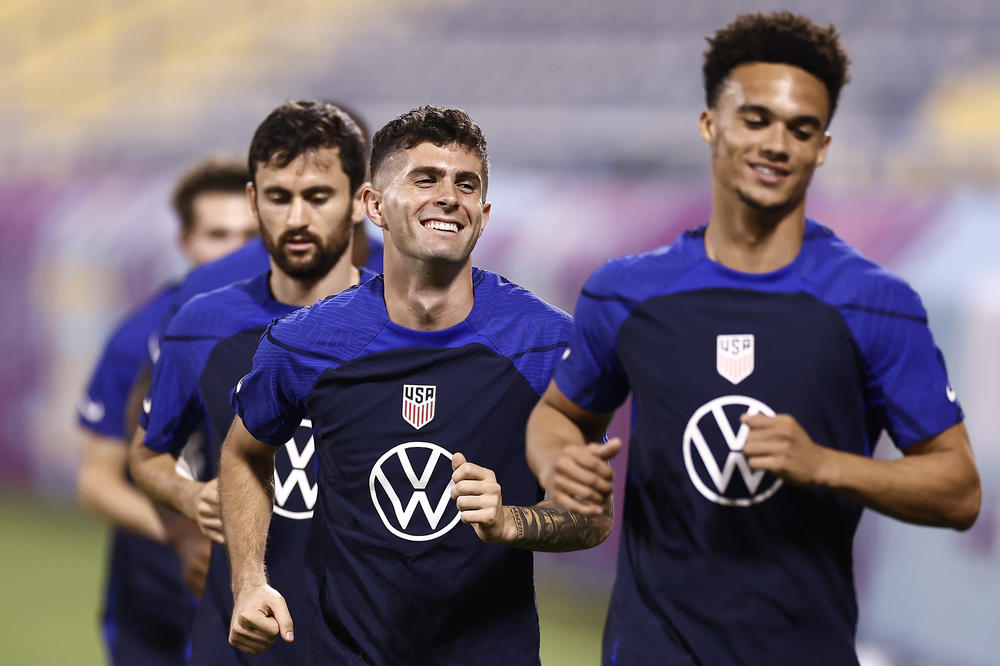 Christian Pulisic (second from the right) of United States reacts during a training session at Al Gharafa SC Stadium on November 19, 2022 in Doha, Qatar.