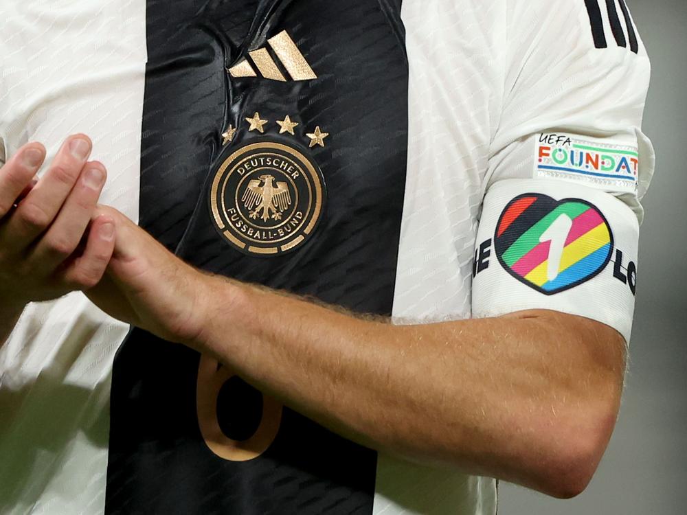 The captain's armband, similar to this one, shown during a September game between Germany and Hungary. European national teams have told their captains not to wear it during the 2022 World Cup in Qatar.