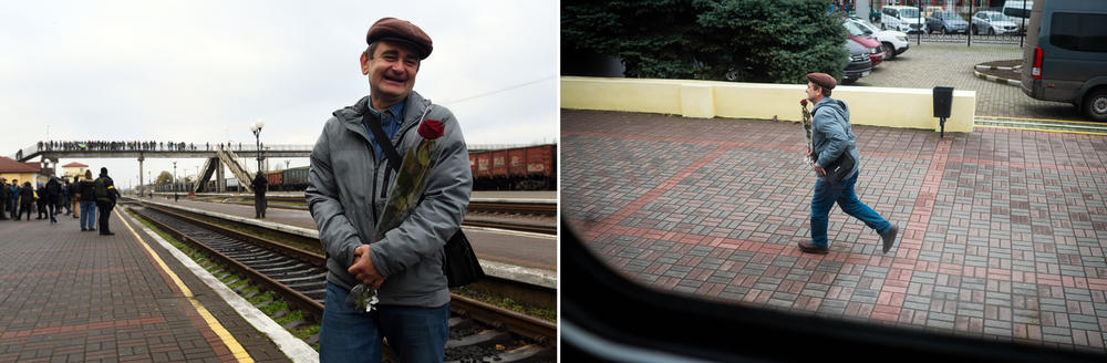 Left: Mykola Desyatnikov, 56, holds a rose as he waits for his wife Lyudmila, whom he has not seen for four months, as she arrives on the first train to reach Kherson after the end of Russian occupation. Right: Desyatnikov runs alongside the train as it arrives.