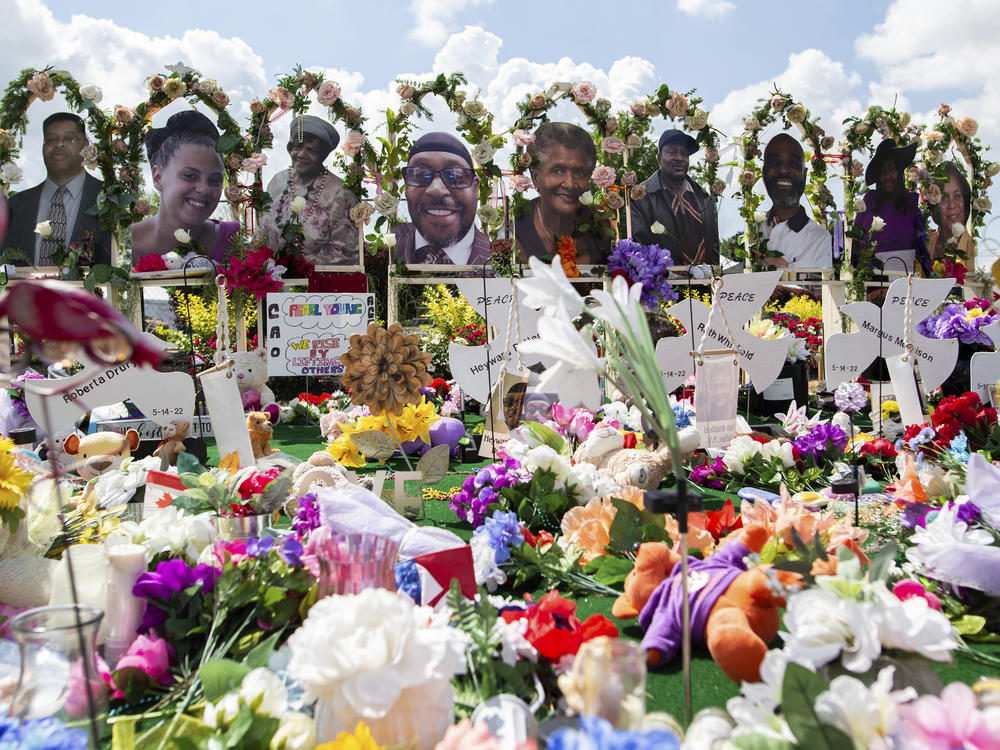 A memorial for the supermarket shooting victims outside the Tops Friendly Market in July.