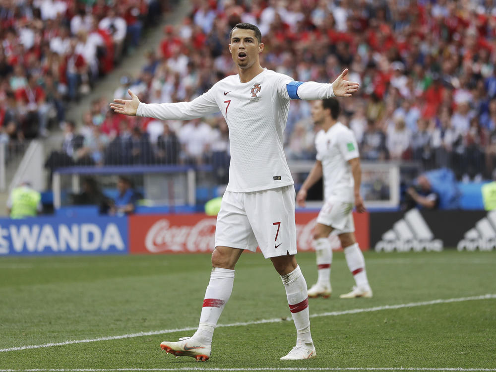 Cristiano Ronaldo, center, is pictured during a match  between Portugal and Morocco at the 2018 World Cup in Moscow in 2018. Ronaldo will leave Manchester United 