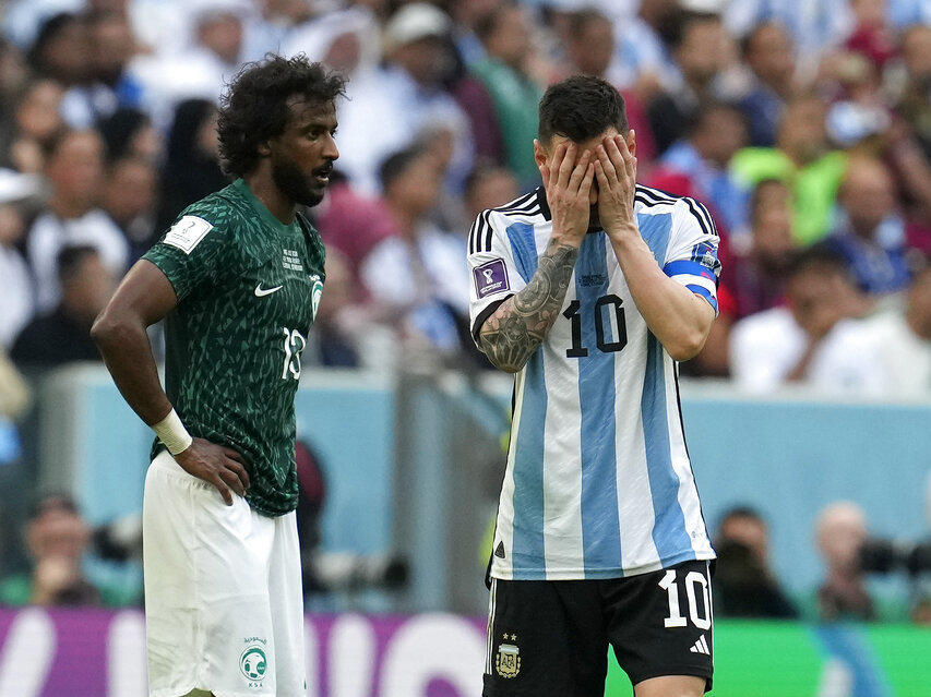 Argentina's Lionel Messi reacts in disappointment Tuesday during the World Cup group C soccer match between Argentina and Saudi Arabia at the Lusail Stadium in Lusail, Qatar.