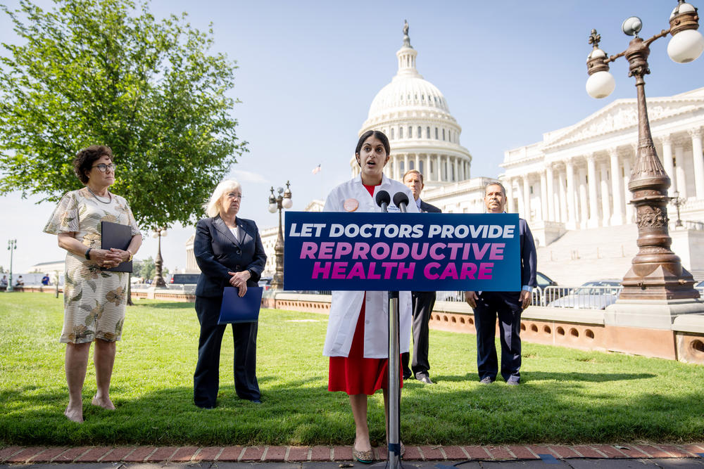 From left: Sen. Jacky Rosen (D-NV) and Sen. Patty Murray (D-WA) look on as Dr. Nisha Verma of Physicians for Reproductive Health speaks about reproductive rights at a news conference outside the U.S. Capitol in Washington, August, 2022.