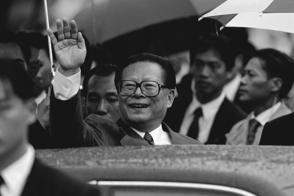 President Jiang Zemin arrives to preside over the Hong Kong handover ceremony on June 30, 1997, in Hong Kong.
