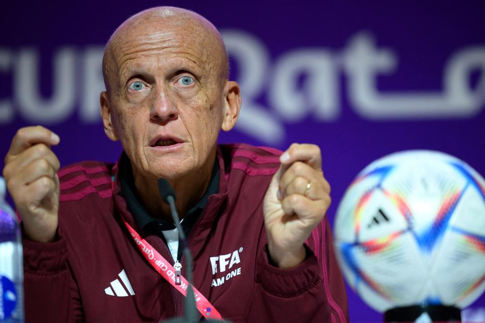 FIFA Referees Committee chairman Pierluigi Collina addresses a press conference at the Qatar National Convention Center in Doha on Friday, ahead of the Qatar 2022 World Cup football tournament.