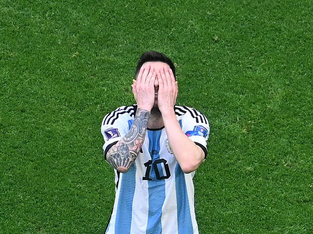 Argentina's forward Lionel Messi reacts during his team's opening round 2-1 loss to Saudi Arabia at the 2022 World Cup in Qatar.