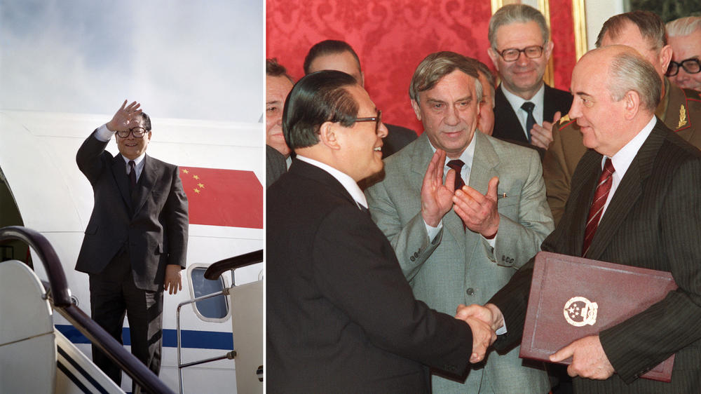 <strong>Left:</strong> General Secretary of the Chinese Communist Party Jiang Zemin waves before boarding his flight for Moscow, on May 15, 1991, in Beijing. <strong>Right:</strong> Zemin shakes hands with Soviet President Mikhail Gorbachev (R) on May 16, 1991, in Moscow.