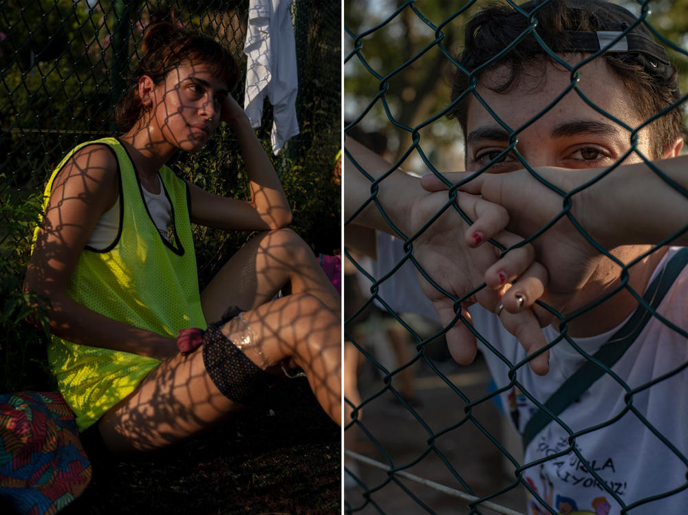 Left: Bilge, of soccer team Muamma, rests between games during Queer Olympix VI in September 2022. The Muamma team has been in all of the Queer Olympix. Right: Ra, a member of Atletik Dildoa, watches a soccer match on day 3 of Queer Olympix VI in September 2022. Since the first Queer Olympix in 2017, the situation has dramatically deteriorated for the LGBTQ community in Turkey, activists say.