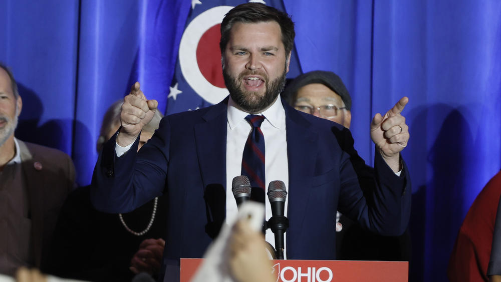 Republican U.S. Sen.-elect J.D. Vance speaks during an election night watch party Nov. 8 in Columbus, Ohio.