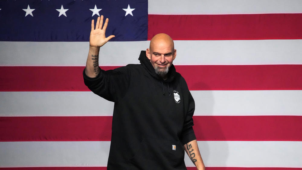 Pennsylvania Democratic Sen.-elect John Fetterman takes the stage at an election night party in Pittsburgh on Nov. 9.