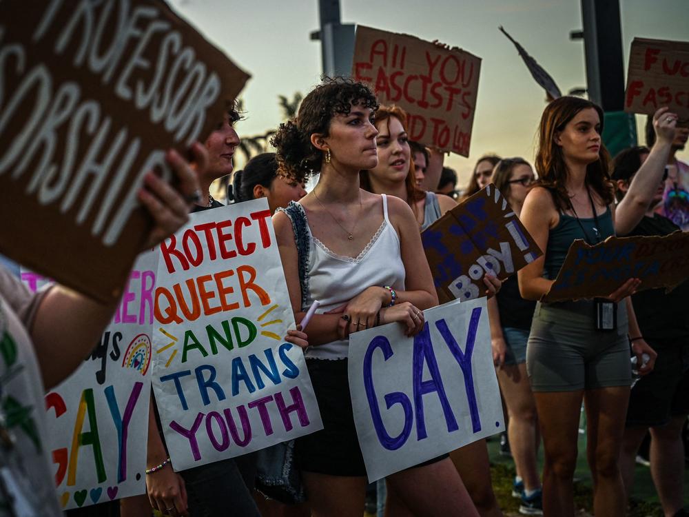 LGBTQ rights supporters protest against Florida Governor Ron Desantis outside a campaign event ahead of the midterm elections this year. Critics of the Desantis-sponsored 