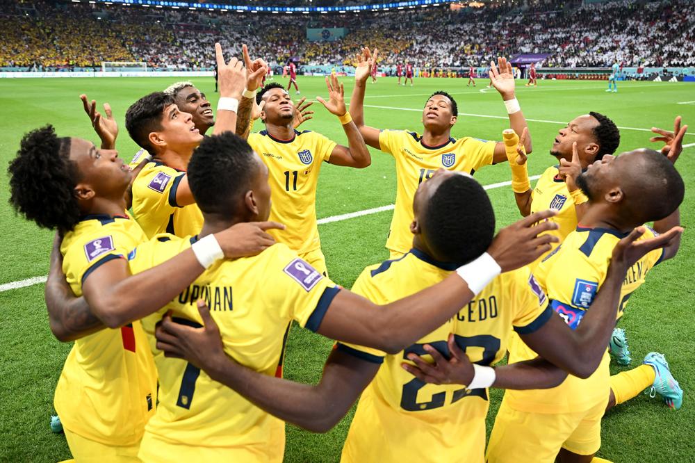 Ecuador's players pray ahead of the a 2022 World Cup Group A match with Qatar on Sunday, Nov. 20, 2022, at the Al-Bayt Stadium in Al Khor, north of Doha, Qatar.