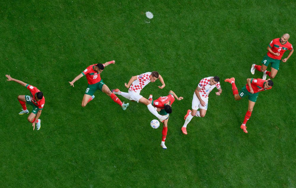 Croatia's Mario Pasalic is challenged by Morocco's Youssef En-Nesyri as he attempts to score during a 2022 FIFA World Cup Group F match at the Al Bayt Stadium on Wednesday, Nov. 23, 2022, in Al Khor, Qatar.