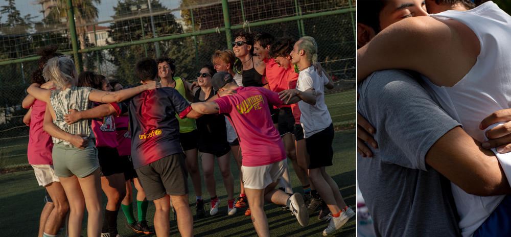 Left: Members of Atletik Dildoa and another team celebrate after a soccer game during Queer Olympix VI in September 2022. While some people are part of already-existing teams, others form one on the spot. Right: Participants embrace during Queer Olympix V in August 2021.